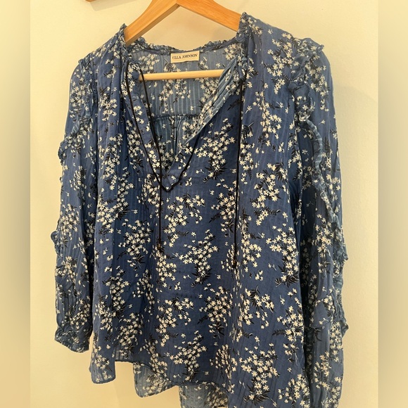 Ulla Johnson Manet Blue, White Silk Floral Ruffle Blouse Size 4 - Picture 6 of 12